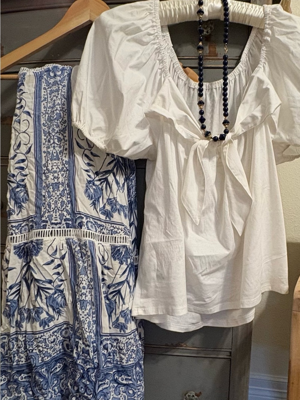 White Peasant Tie-Front Top - Classic Women's Puffed top with maxi skirt